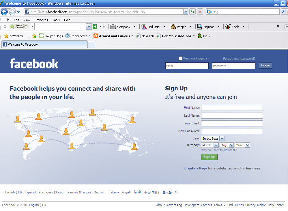 facebook sign up screen