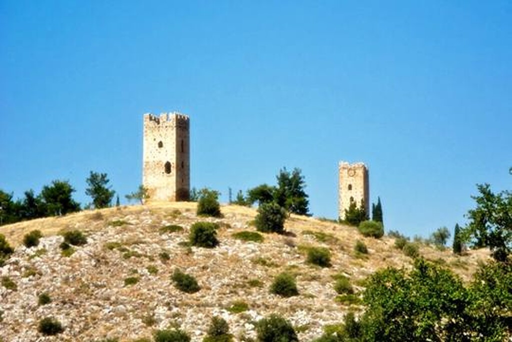 Τους δύο πύργους τους χωρίζει μια απόσταση περίπου 200 μέτρων και ανάμεσα τους βρίσκεται μια εκκλησία. Ο αριστερός πύργος έχει τετραγωνικό σχήμα ενώ στην κορυφή του υπάρχουν τέσσερα κυκλικά ανοίγματα, όπως συνέβαινε εξάλλου και με τα περισσότερα μεσαιωνικά κτίσματα στον Μυστρά.
